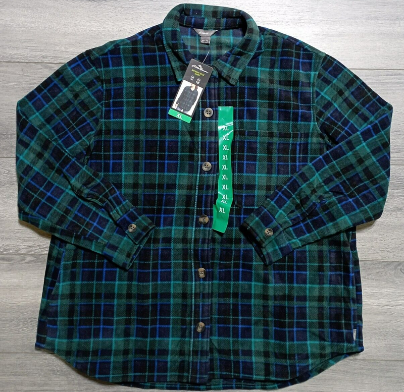 Eddie Bauer Shacket Womens XL Green/Blue Plaid Microfleece Shirt Oversized