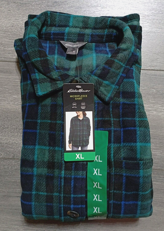 Eddie Bauer Shacket Womens XL Green/Blue Plaid Microfleece Shirt Oversized
