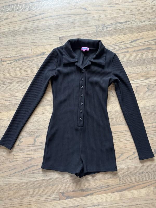 Edikted Womens Kelsy Black Ribbed Long Sleeve Button Down Romper Jumpsuit Size S