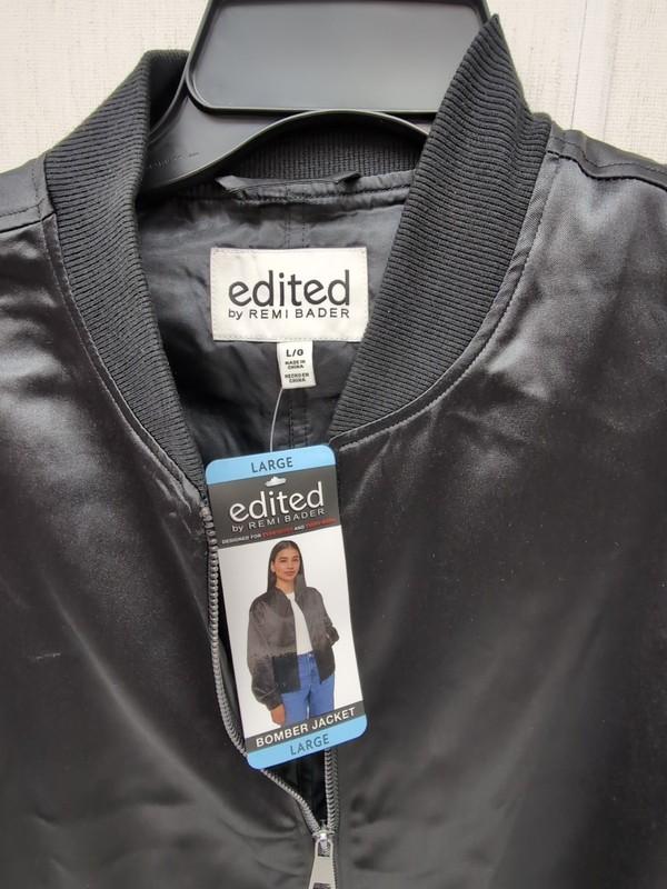 Edited By Remi Bader Women's Satin-Style Bomber Jacket Sz Lg Black