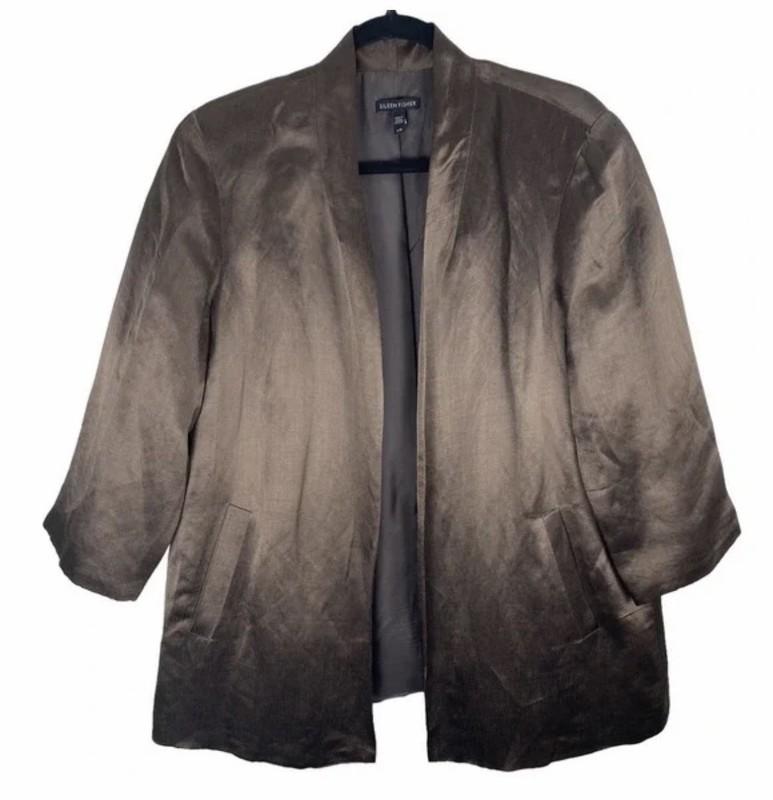 Eileen Fisher Blazer Jacket Women L Organic Linen Silk Brown Open Front Satin