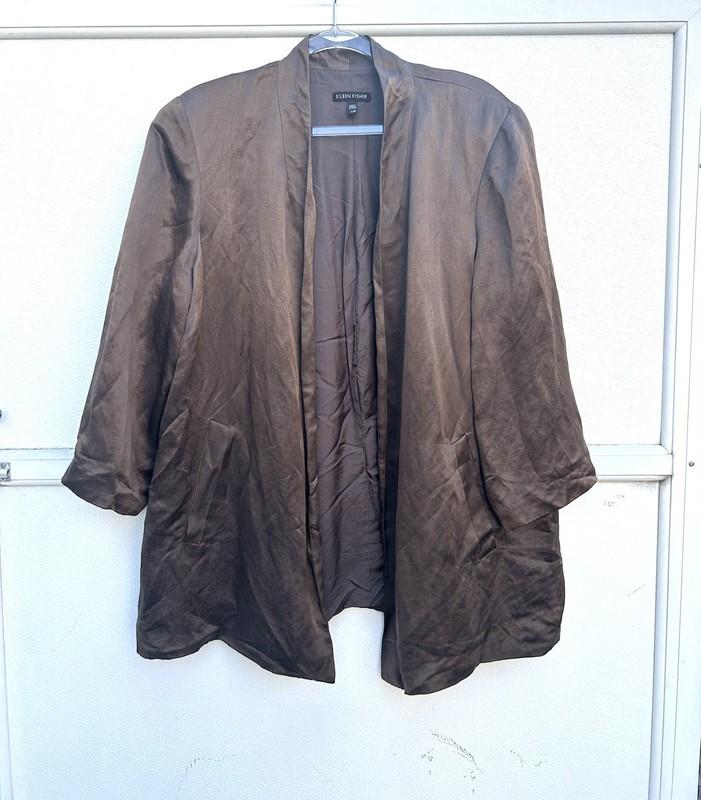 Eileen Fisher Blazer Jacket Women L Organic Linen Silk Brown Open Front Satin