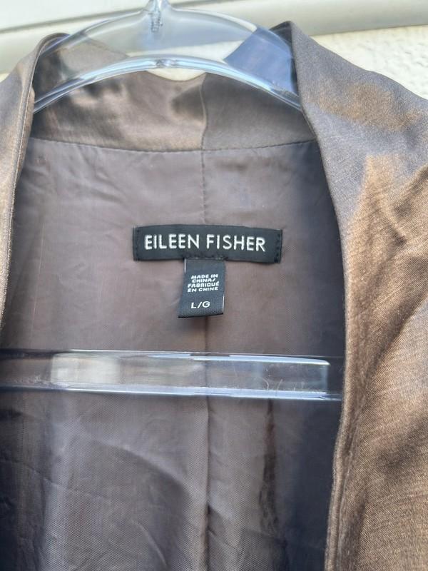 Eileen Fisher Blazer Jacket Women L Organic Linen Silk Brown Open Front Satin