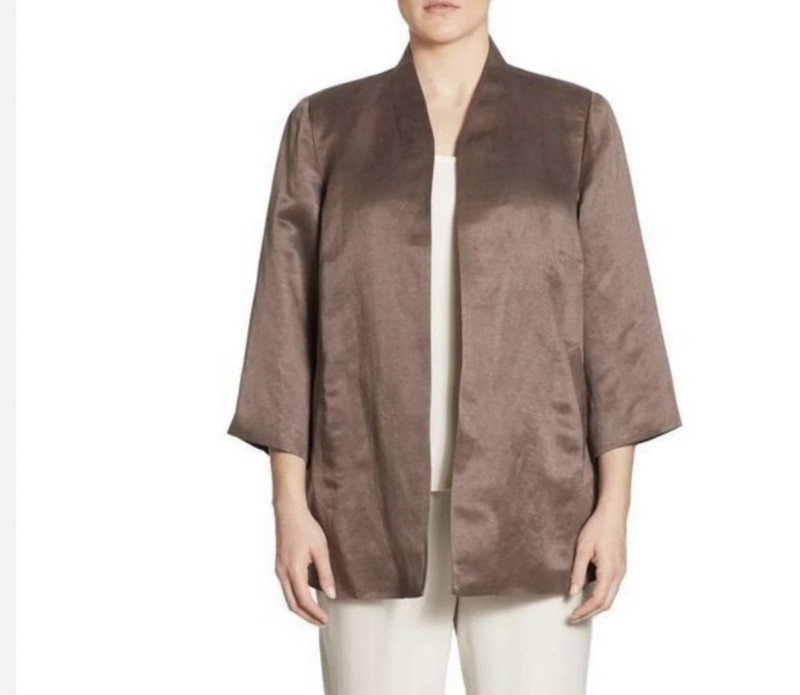 Eileen Fisher Blazer Jacket Women L Organic Linen Silk Brown Open Front Satin