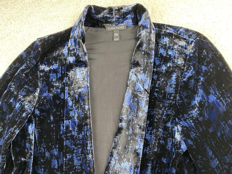 Eileen Fisher Cardigan Jacket Womens XS Blue Velvet Silk Long Sleeve Open Front
