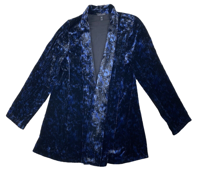 Eileen Fisher Cardigan Jacket Womens XS Blue Velvet Silk Long Sleeve Open Front