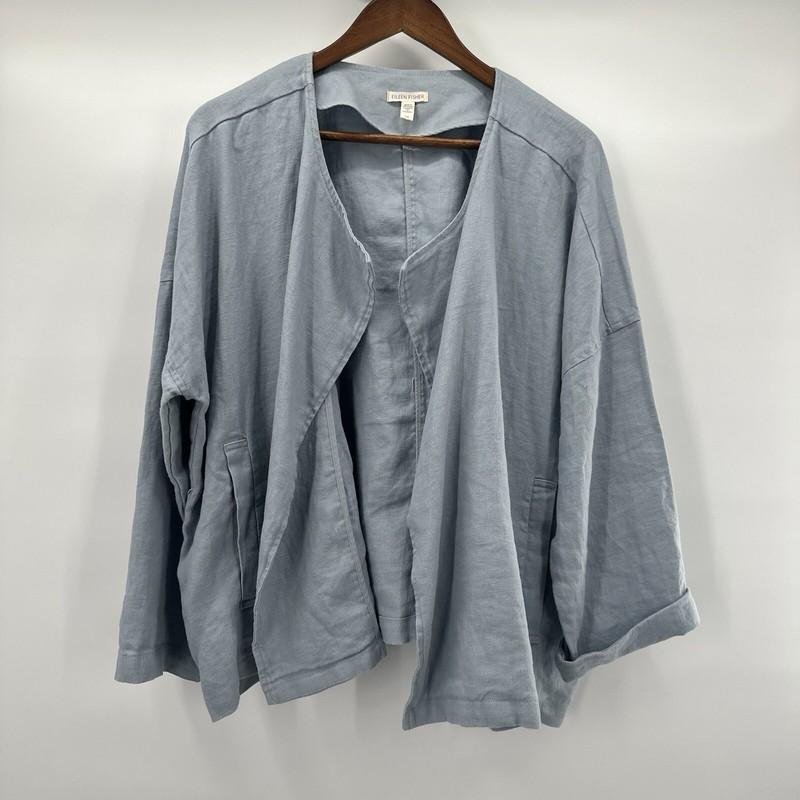 Eileen Fisher Jacket Womens Large Blue Organic Linen Lagenlook Beach Open Front