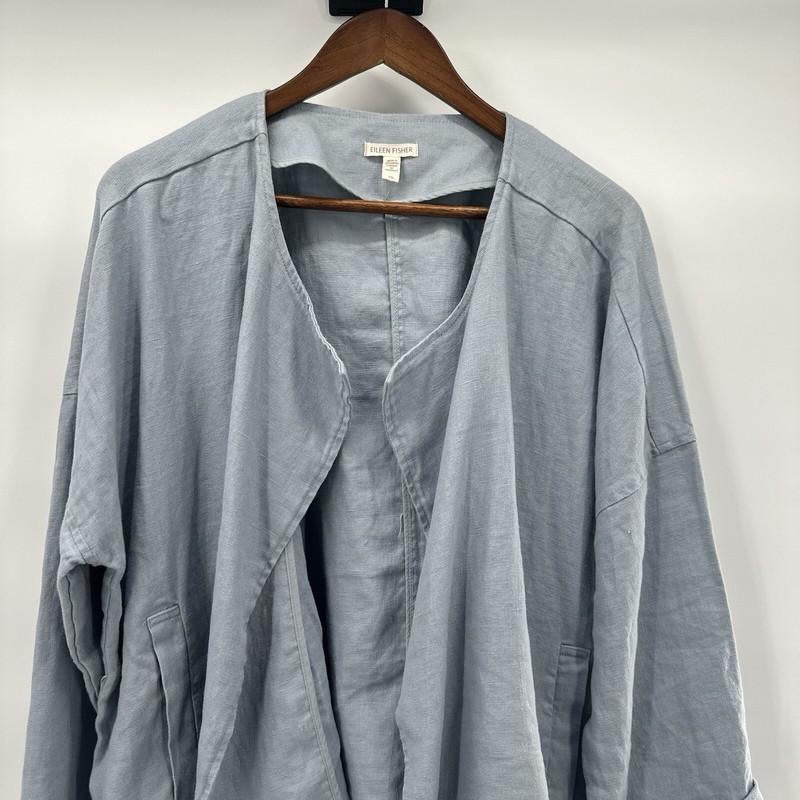 Eileen Fisher Jacket Womens Large Blue Organic Linen Lagenlook Beach Open Front