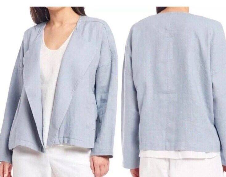 Eileen Fisher Jacket Womens Large Blue Organic Linen Lagenlook Beach Open Front