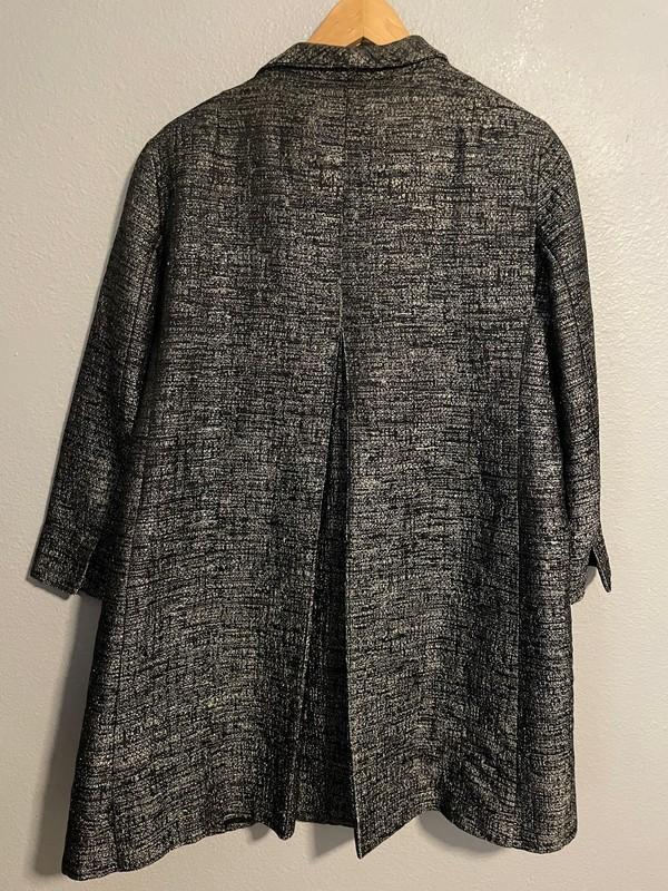 Eileen Fisher Jacket Womens Medium Black Silver Metallic Silk Lined Swing Coat