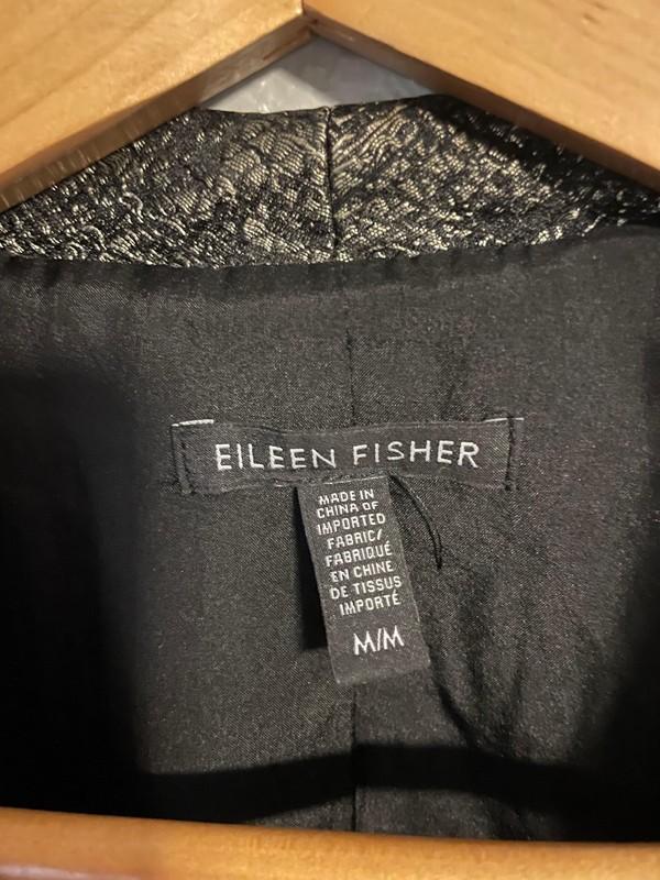 Eileen Fisher Jacket Womens Medium Black Silver Metallic Silk Lined Swing Coat