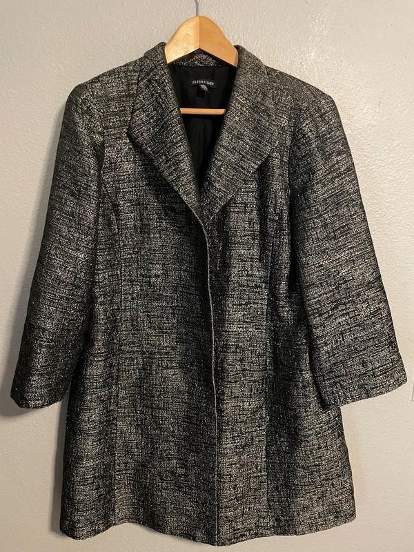 Eileen Fisher Jacket Womens Medium Black Silver Metallic Silk Lined Swing Coat