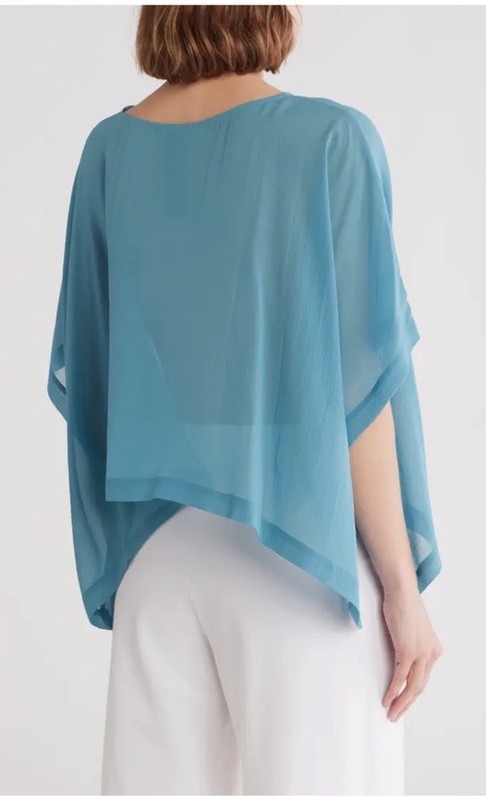 Eileen Fisher Poncho Top Bateau Neck Sheer Silk Crop Georgette Blue S/M