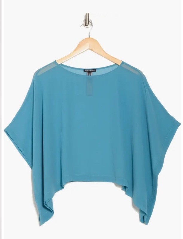 Eileen Fisher Poncho Top Bateau Neck Sheer Silk Crop Georgette Blue S/M
