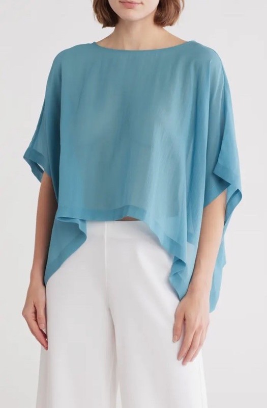 Eileen Fisher Poncho Top Bateau Neck Sheer Silk Crop Georgette Blue S/M