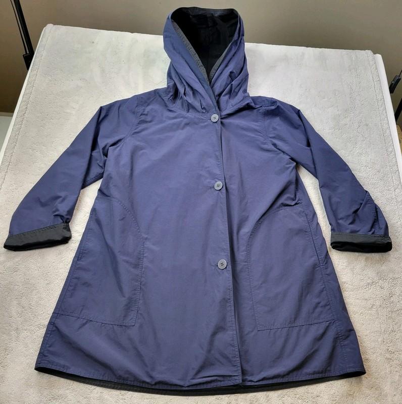 Eileen Fisher Reversible Jacket Womens Large Black Blue Hooded Rain Nylon Blend