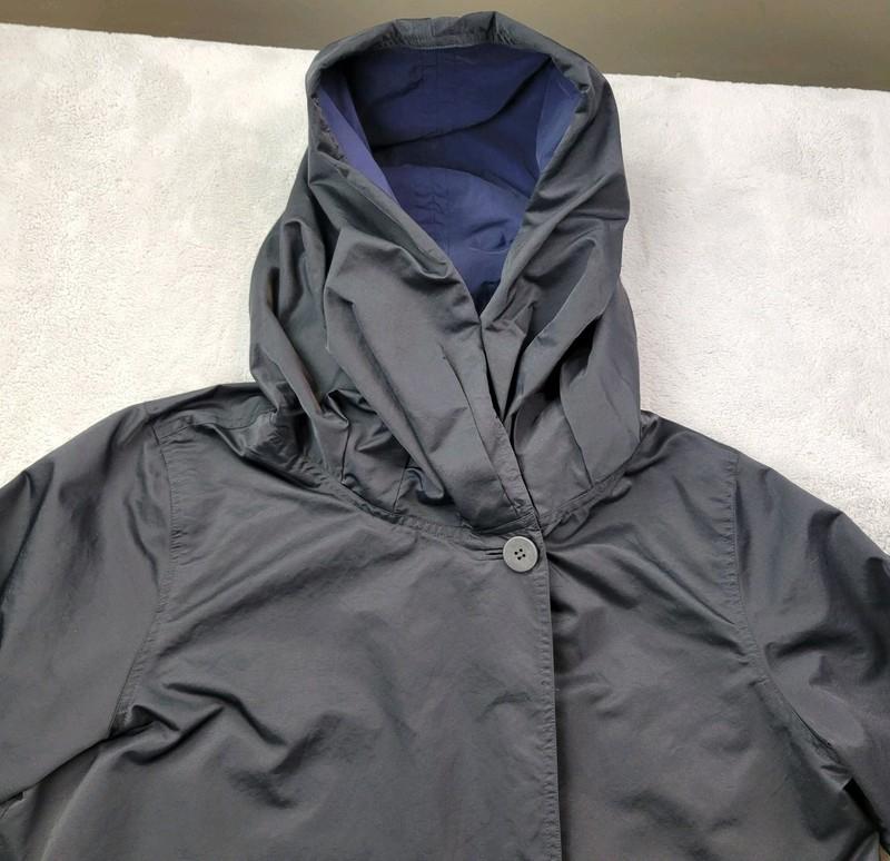 Eileen Fisher Reversible Jacket Womens Large Black Blue Hooded Rain Nylon Blend