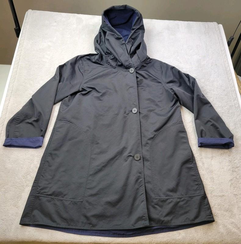 Eileen Fisher Reversible Jacket Womens Large Black Blue Hooded Rain Nylon Blend