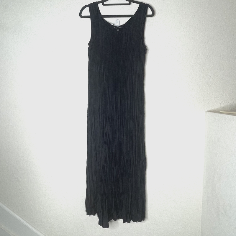 Eileen Fisher Sleeveless Crushed Silk Tiered Maxi Dress Size L Black