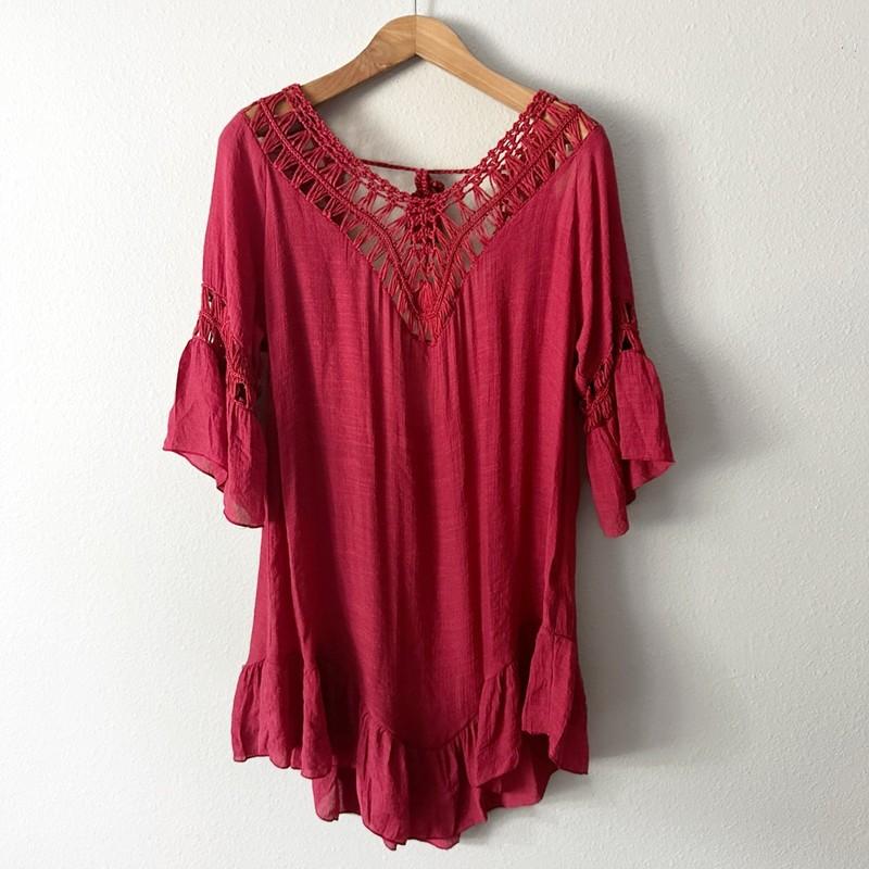 Ekouaer Maroon Red Fringe Tassel Tie Back Swim Coverup Women’s Size XL NEW