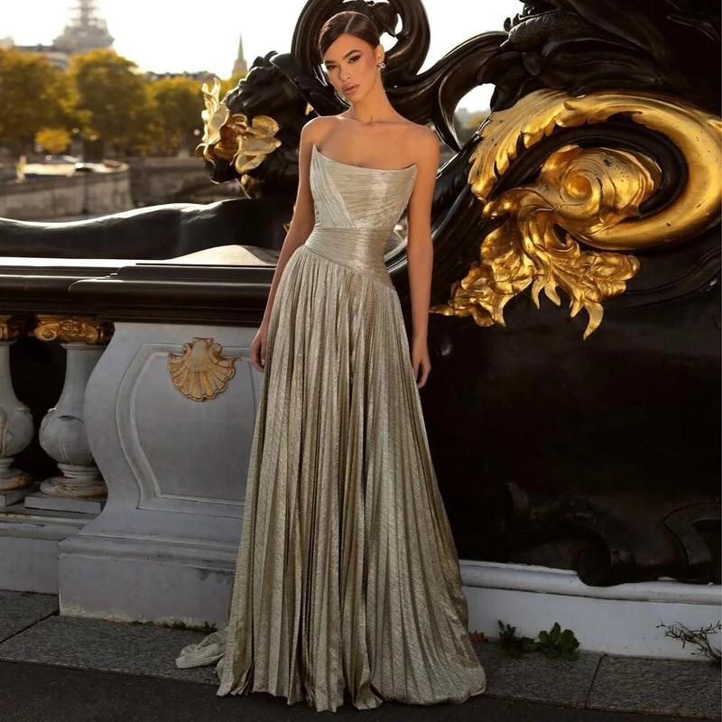 Elegant Gold Evening Dress with Strapless Draped for Women Wedding Party Gown