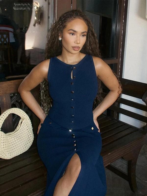 Elegant Knitted Long Slim O Neck Sleeveless Single Breasted Pockets Dress