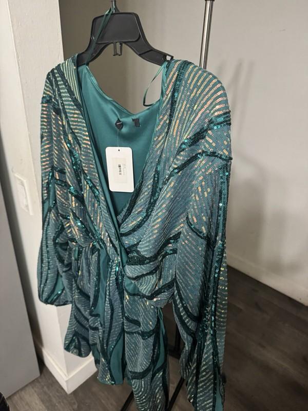 Elegant Teal Multi-Striped Sparkling Sequin Romper Size M NEW W/Tags