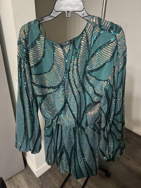 Elegant Teal Multi-Striped Sparkling Sequin Romper Size M NEW W/Tags