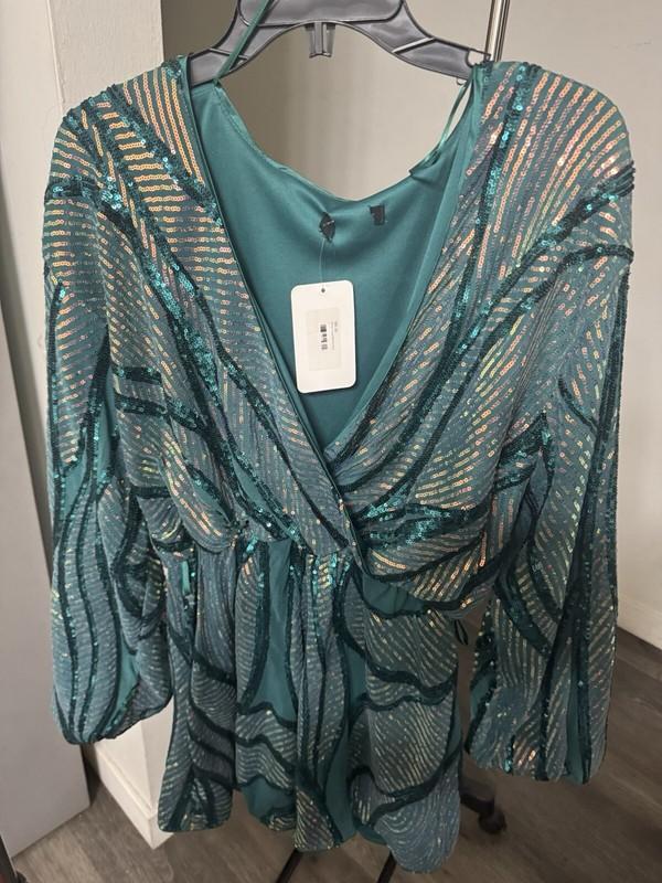 Elegant Teal Multi-Striped Sparkling Sequin Romper Size M NEW W/Tags