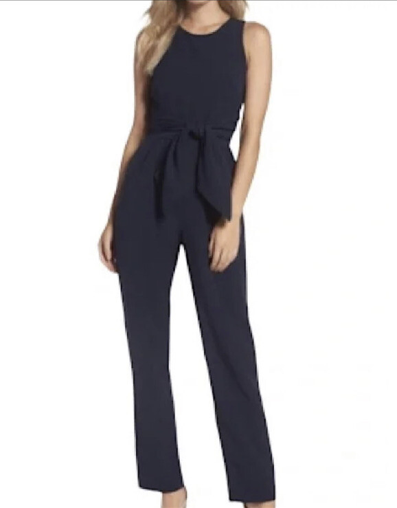 Eliza J Crepe Navy Blue Tie Front Jumpsuit - New ~ 14 - FLAWED*
