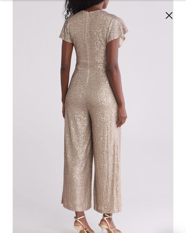 Eliza J Sequin Flutter Sleeve Pocketed Jumpsuit In Muted Gold Sz 14 New
