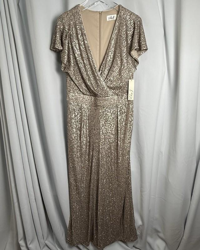 Eliza J Sequin Flutter Sleeve Pocketed Jumpsuit In Muted Gold Sz 14 New