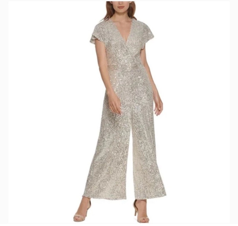 Eliza J Sequin Flutter Sleeve Pocketed Jumpsuit In Muted Gold Sz 14 New