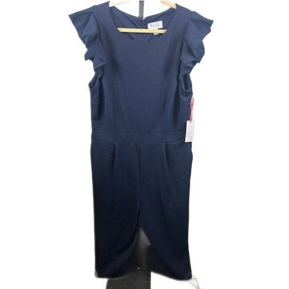 ELLE Navy Blue Ruffle Sleeve Wise Leg Jumpsuit Women's Career Party Size XL