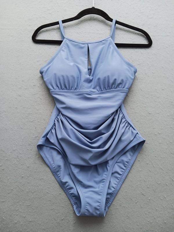 Ellen Tracy Women One Piece Size 8 Blue Halter Keyhole Ruched Swimsuit