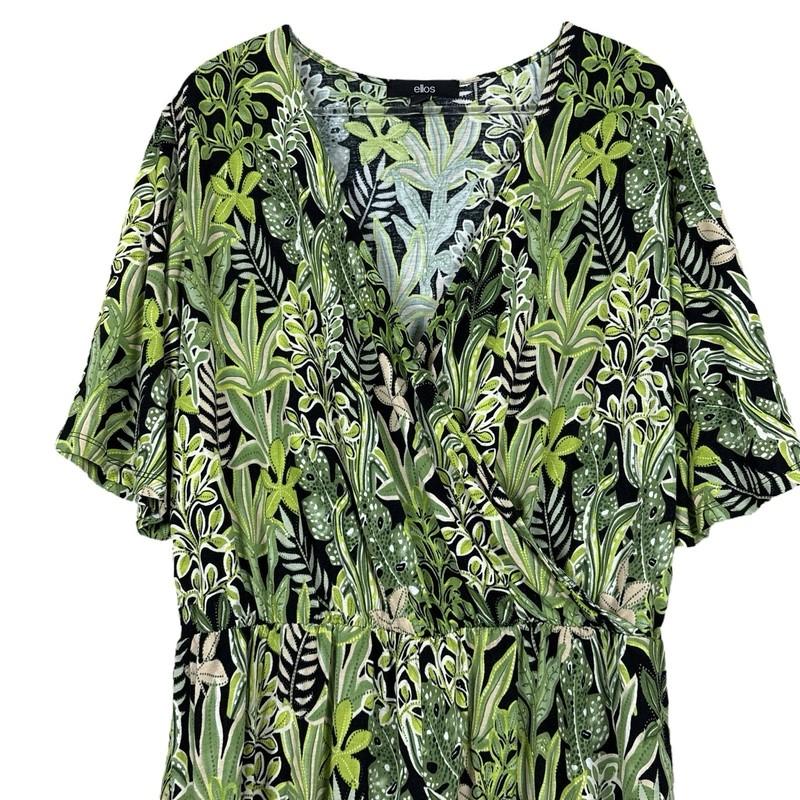 Ellos Tropical Succulent Leaf Print Faux Wrap Romper Lime Green Black Size 14/16