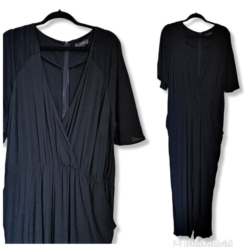 ELOQUII Black Jumpsuit Size 18 Short Sleeve Plunge Neck zipped Back