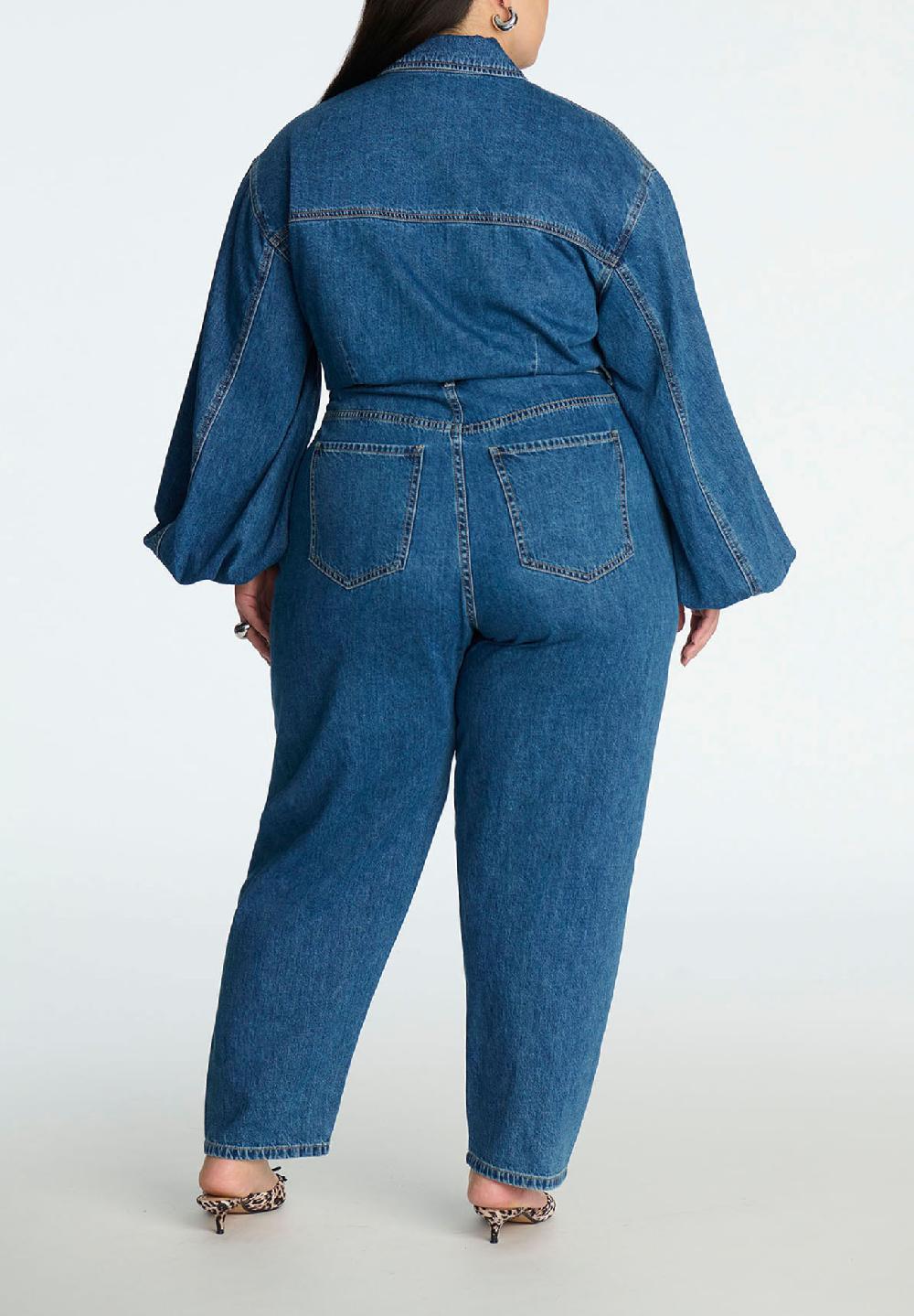 ELOQUII Women's Plus Size Barrel Leg Denim Jumpsuit