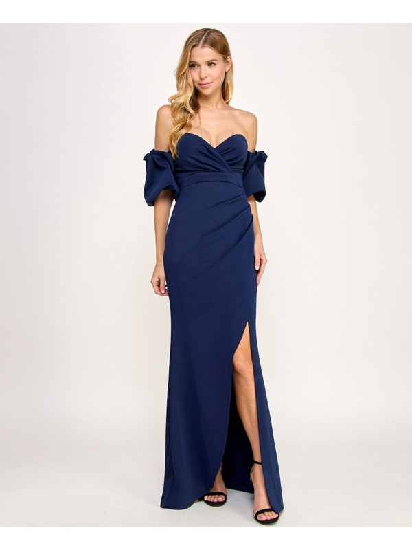 EMERALD SUNDAE Womens Pouf Sleeve Off Shoulder Full-Length Formal Gown Dress