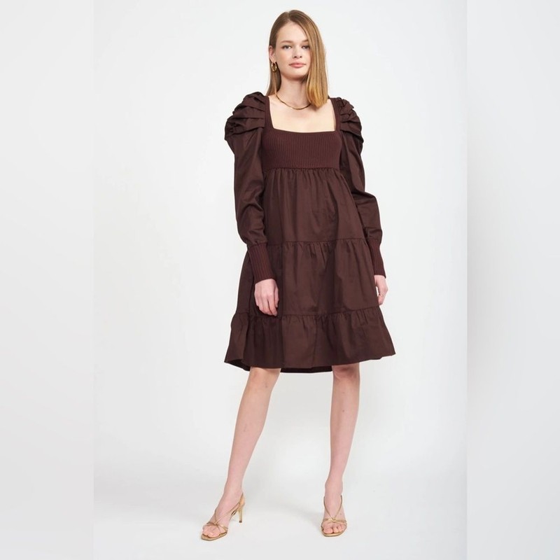 En Saison Lucille Midi Dress In Dark Brown Bump Friendly SIZE S