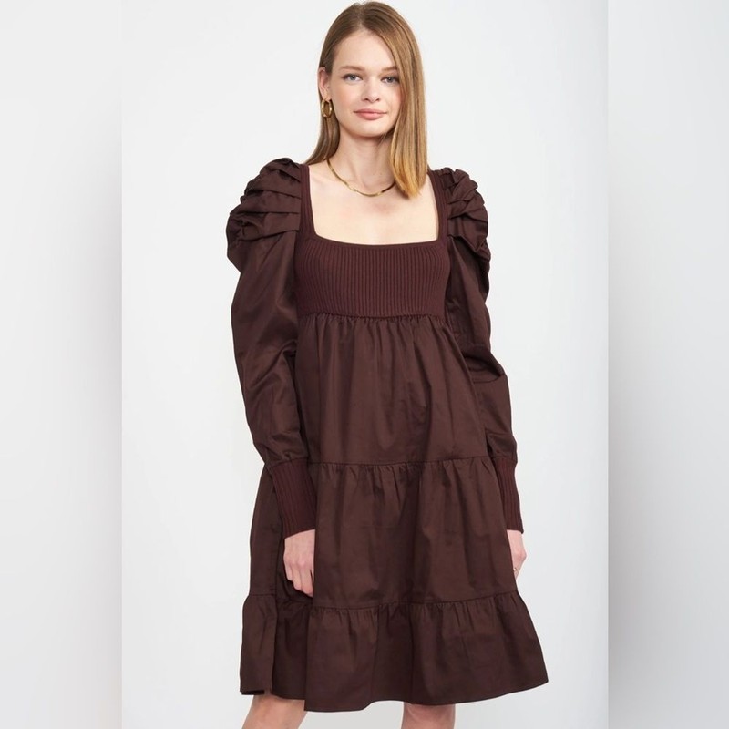En Saison Lucille Midi Dress in Dark Brown Bump Friendly SIZE S