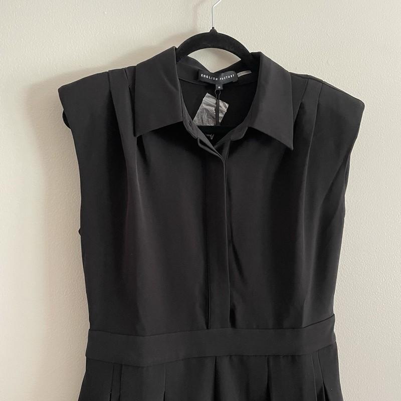 English Factory Women Size M Black Preppy Collared Sleeveless Pleated Romper NWT