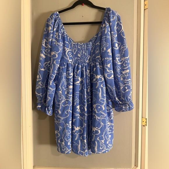 Entro Blue Floral Smocked Puff Sleeve Romper Boho Cottagecore L
