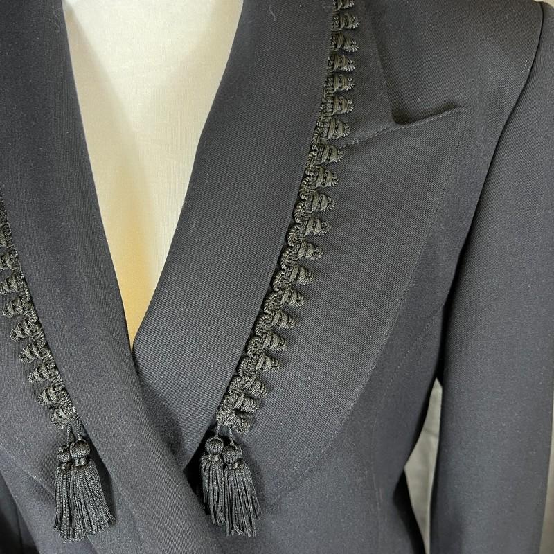Escada Black Wool Blazer Jacket + Skirt Tassels Trim Size 38