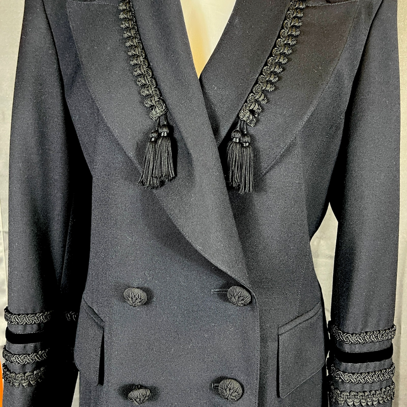 Escada Black Wool Blazer Jacket + Skirt Tassels Trim Size 38