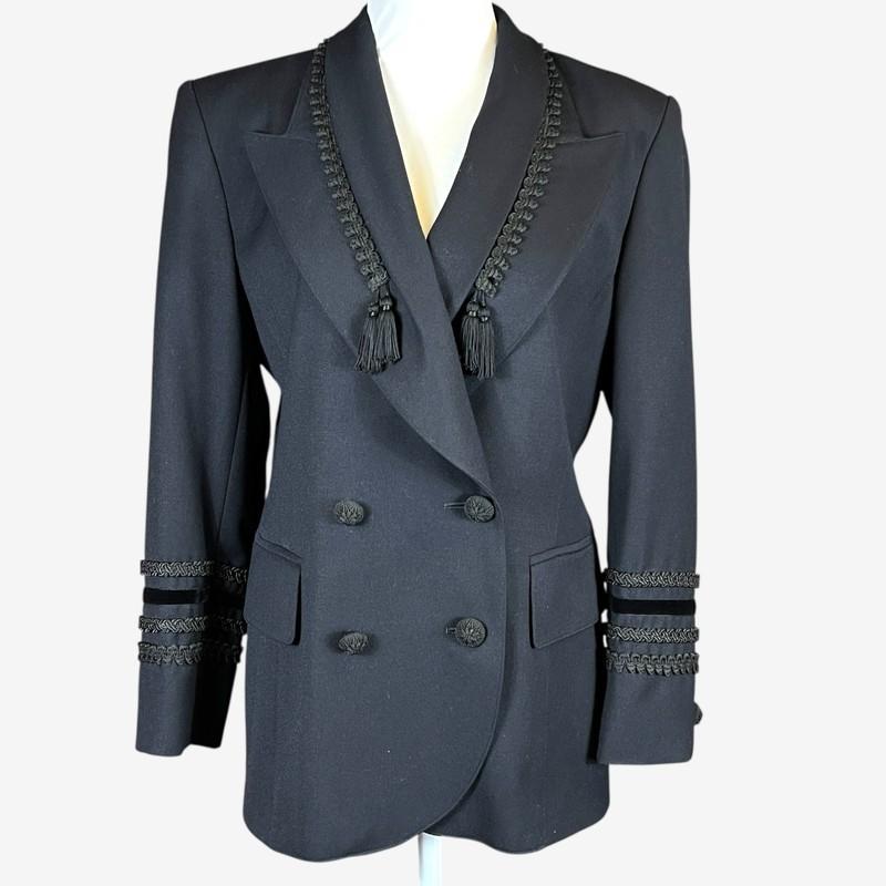 Escada Black wool Blazer Jacket + skirt tassels trim size 38