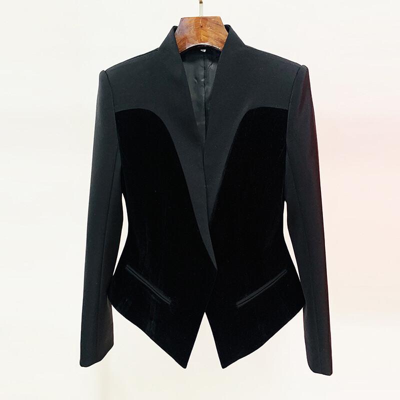 European Style Slim Fit Women's Black Velvet Splicing Blazer Suit Short Jackets