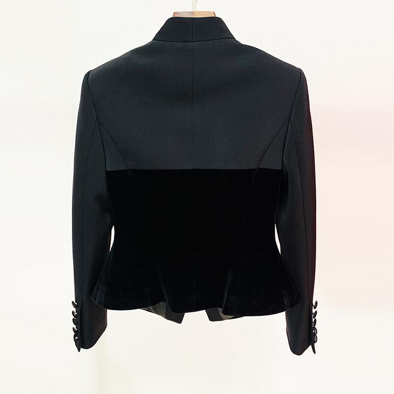 European Style Slim Fit Women's Black Velvet Splicing Blazer Suit Short Jackets