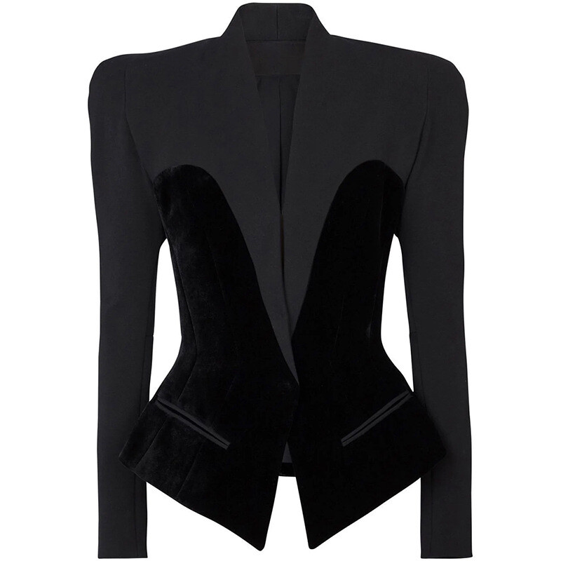 European Style Slim Fit Women's Black Velvet Splicing Blazer Suit Short Jackets