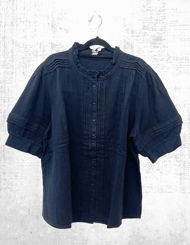 Ex ME+EM Women’s Short Sleeve Shirred Cuff Cheesecloth Blouse In Navy RRP £75